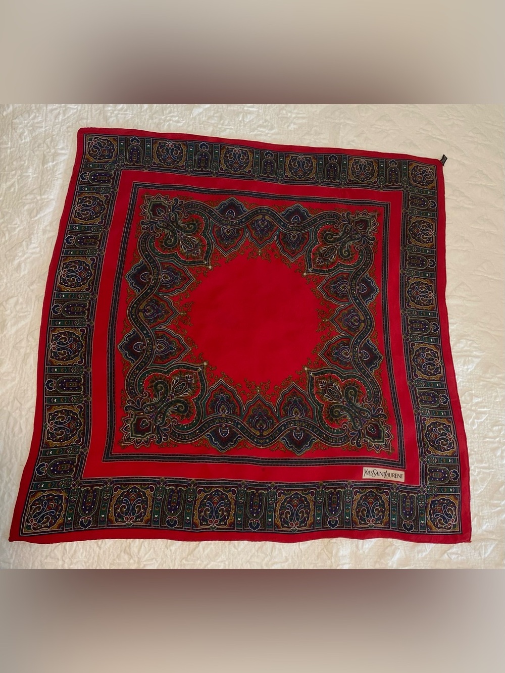 Yves Saint Laurent Red Paisley Silk Scarf.  Vintage, - Picture 8 of 9